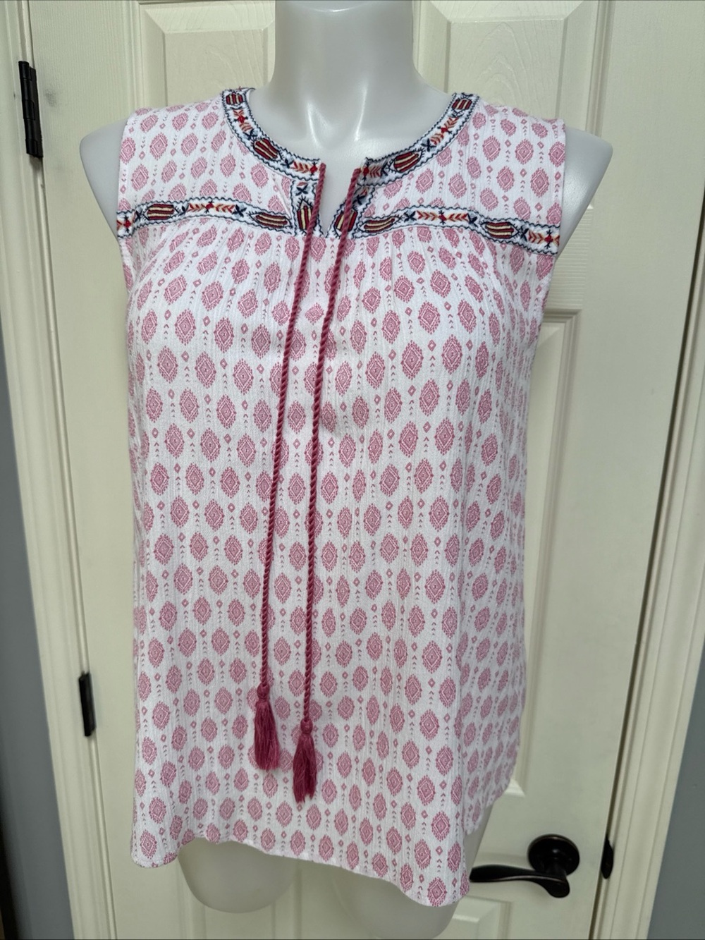 CAFFE MARRAKESH Sleeveless Blouse Tank Top Pink Tassels Aztec Western Boho sz XL
